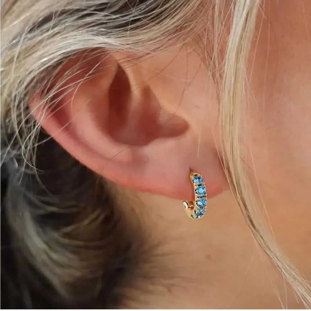14K Yellow Gold 925 Sterling Silver Aquamarine Cubic Zirconia Huggie Earrings